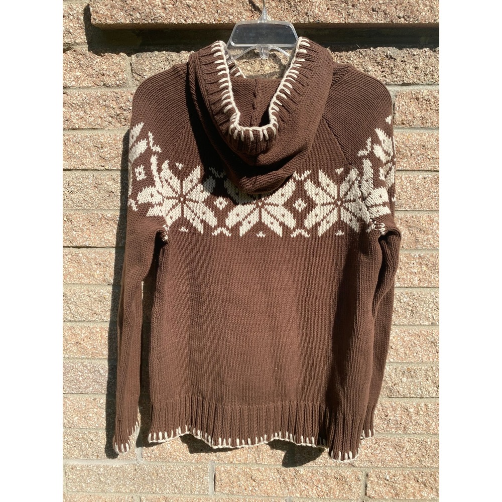 Vintage Y2K Fair Isle Snowflake Knit Brown Hoodie Sweater Tassels Large Cabin - Picture 5 of 6